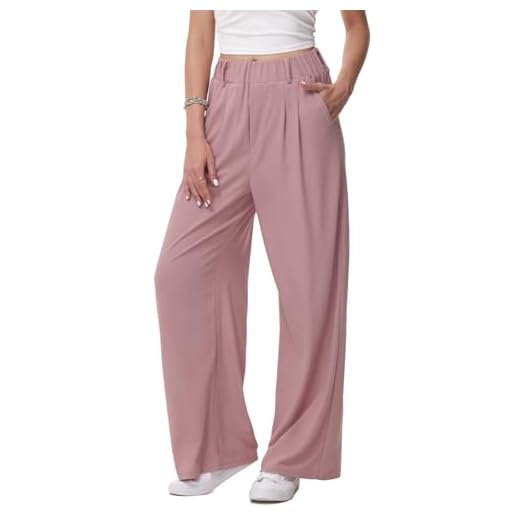 HMIYA Weite Hosen Damen-Bügelfreie Lässig Leichte Stoffhose Locker Palazzo Hose Hohe Taille Sommer Freizeithose mit Tasche,Rosa,M/32L