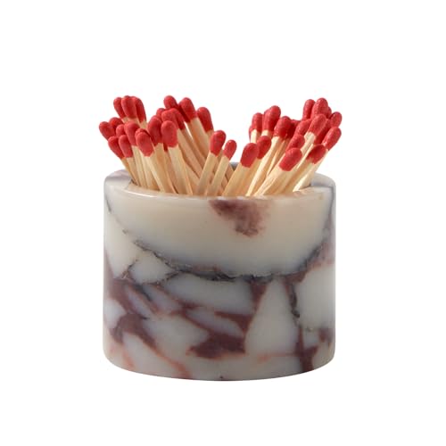 Luxury Natural Marble Match Holder with Striker Small 2.5 x 2 Calacatta Viola Stone Decorative Matchbox for Bathroom Candles & Fireplace Cute Match Jar for Home Decor Gift (Matches Not Included)