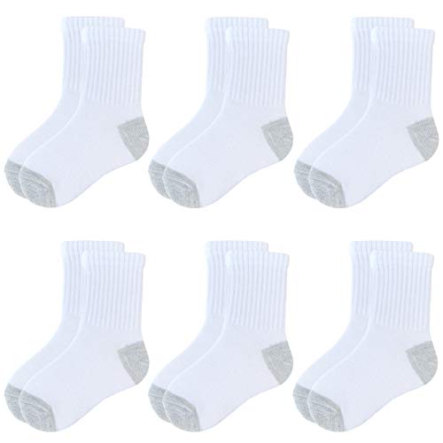 JAMEGIO Boys Crew Socks 6 Pairs White Cotton Athletic Socks for Toddlers Boys Girls