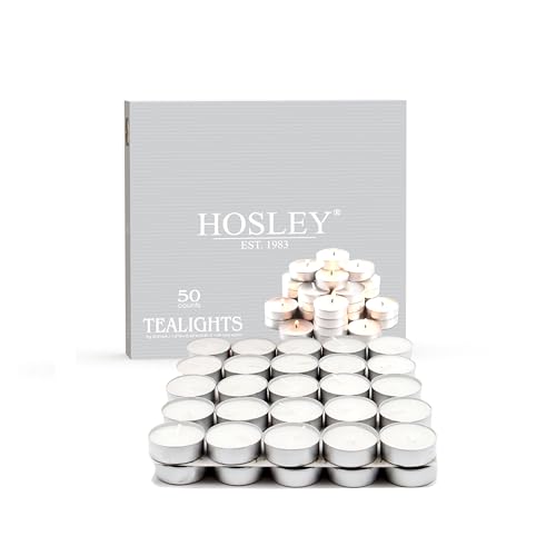 HOSLEY White Tealight Candles(Pack of 50) - Unscented Wax Tea Light Candles...