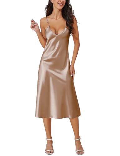 Image of Litherday Silk Nightgown for Women Long Satin Slip Dress Nightdress Silky Chemise Nightie Soft V Neck Nightwear
