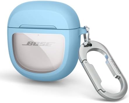 SURITCH Clear Case for Bose QuietComfort Earbuds II 2022/QuietComfort Ultra 2023, Full-body Shockproof TPU Protective Case with Carabiner & Key Ring & Transparent Logo Window (Blue)