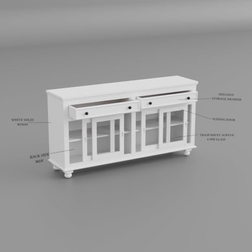 Image of Solid Sheesham Wood Deco White Finish Crockery Cabinet Kitchen Display Unit | 4 Sliding Acrylic Glass Doors & 2 Drawers Sideboard Buffet Cupboard Storage Furniture Dining Living Room & Entryway Areas