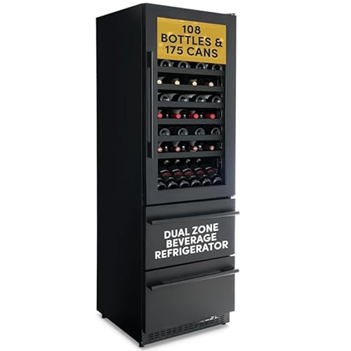 Image of NewAir 24" Dual Zone Beverage Refrigerator & Wine Cooler for 108 Bottles & 175 Cans | Freestanding or Built-In Under Counter Mini Fridge for Beer, Wine and Soda | Black Stainless Steel