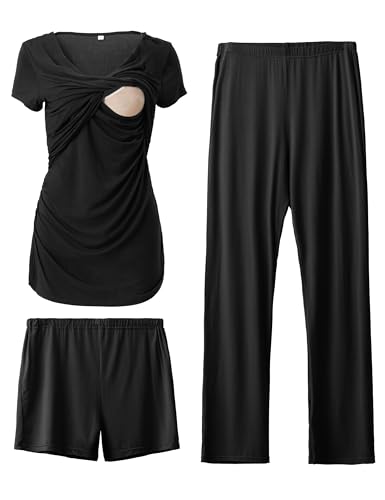 Image of SUNNYBUY Women's Maternity Postpartum Pajamas Set, Breastfeeding Tops,Adjustable Pregnancy Shorts & Pants 3 Piece Nursing PJS