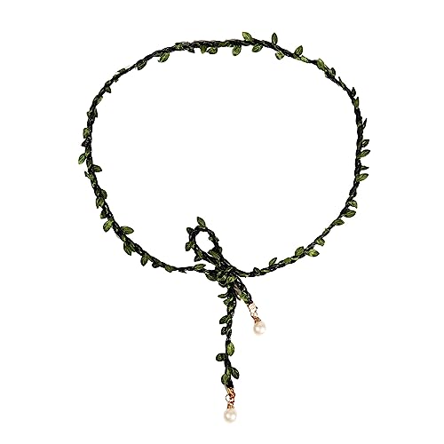 Women Weaving Green Leaves Waist Belt Vintage Elegant Pearl Pendant Waist Belt Women Dress Shirt Waist Seal Belt