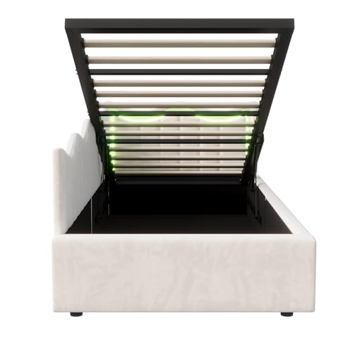 Kinderbett 90x200 Schlafsofa mit Bettkasten, Tagesbett Polsterbett mit LED-Beleuchtung, Sofabett Bodenbett Stauraumbett Bettgestell mit Lattenrost, Ohne Matratze, Samt (Beige A) – Bild 8