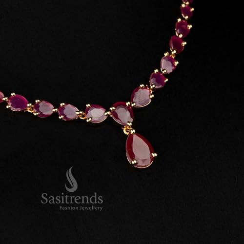 Image of Sasitrends Micro Gold Plated American Diamond Ruby stone Studded Necklace Jewellery Set