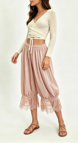 Image of UAURORAO Women Lace Trim Bloomer Pants Flowy Culottes Pantaloons Bloomers