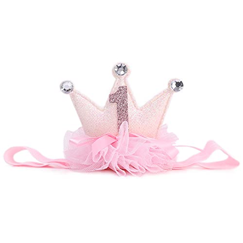 LINLULU 1st Birthday Crown Headband for Baby Girls - Elastic Pink Glitter Mini Crown, Princess Headband, Tulle Bow Baby Head band, Cake Smash Photo...