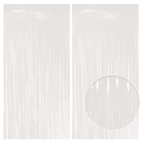 2 Pack Pastel White Fringe Backdrop 3.2x8.2ft Shining Foil Tinsel Curtains Birthday Party Decorations Door Streamers for Halloween Christmas Wedding Graduation Holiday Theme Events