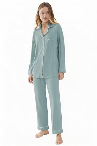 Image of Joyaria Women's Cooling Bamboo Viscose Pajama Set Long Sleeve Button Front | Hot Sleeper Comfort . Cooling Relief . Lightweight Feel for Sleeping & Lounging