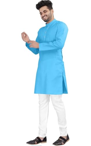 Image of Men's Sky Blue Kurta for Men Full Sleeve Mandarin Collar Ethnic Wear Traditional Casual Festive Kurta