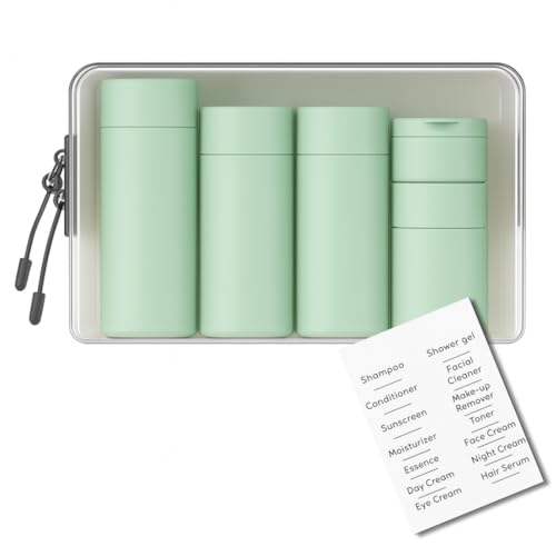5 Botes para gel y champu con neceser, botes viaje rellenables 100ml, neceser viaje avion y botes champu viaje de plástico a prueba de fugas para gel, champú y lociones (Verdoso)