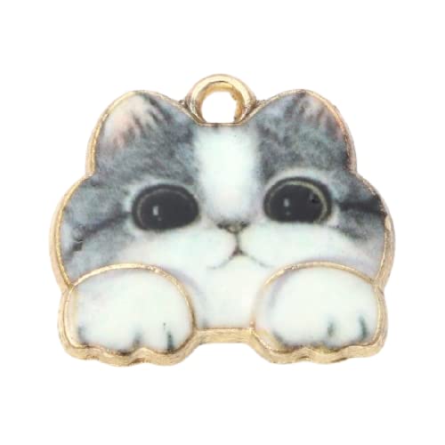 PEPPERLONELY 10PC Gray/White Cat Gold-Plated Alloy Animal Enamel Cat Charms Pendants 18x16mm