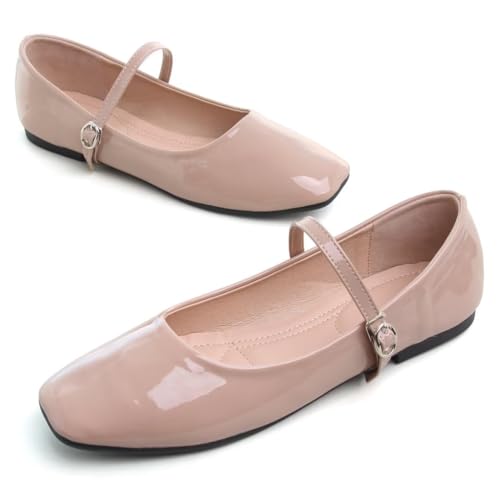 Image of TN TANGNEST Leather Flats for Women Retro Mary Jane Flats | Comfortable Square Toe Slip On Flats with Buckle Strap, Soft Work Flats Office Shoes