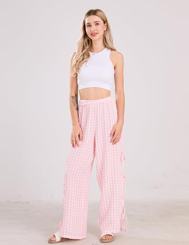 Image of codcm Womens Gingham Striped Wide Leg Pants Y2k Lounge Pants Lace Up Loose Trousers