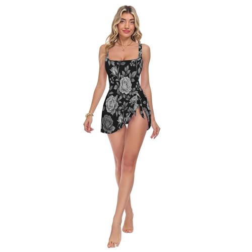 Maillot de bain une pièce réglable noir et blanc à motif roses gothiques pour la piscine