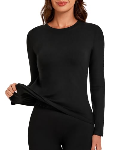 Tournesol Women's Micro Fleece Lined Thermal Tops Long Sleeve Crew Neck Underwear Top Warm Ribbed Undershirt Cold Weather