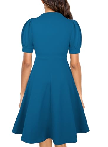 Image of Mokayee Womens Summer Short Puff Sleeve Casual Semi-Formal Fit and Flare Church Wedding Guest Work Dresses with Pockets