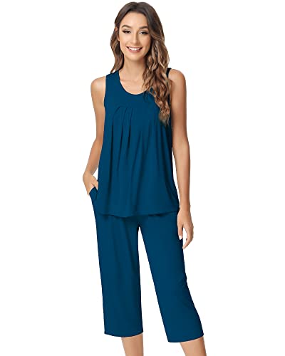 Image of NACHILA Pajamas for Women-Viscose Made from Bamboo, Sleeveless Pjs Tank Top Capri Pants Pajama Sets Cooling Sleepwear