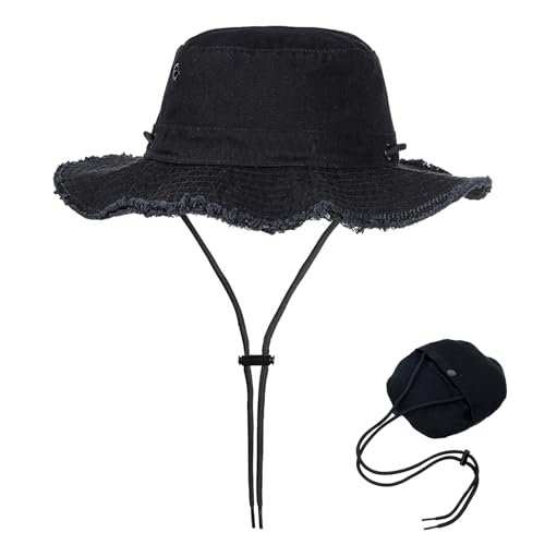 MLPKOI Sombrero del Pescador Mujer, Plegable Transpirable Sombrero Pescador con Correa de Barbilla Ajustable Protección UV Sombrero de Sol para Mujer Verano para Senderismo Playa (Negro)