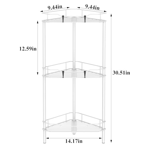 Image of HuggieGems 3 Tier Floor Standing Corner Shower Caddy Organizer Shelf with Hooks, Bathroom Shelves Stand Rack, White