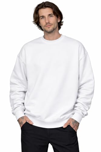 Image of Graphic Impact Oversized Crewneck Unisex Sweatshirt - Heavyweight Cozy Cotton Blend Streetwear Pullover Hoodless Jumper - Baggy Fit Long Sleeve Drop Shoulder Casual Lounge Everyday Essential White