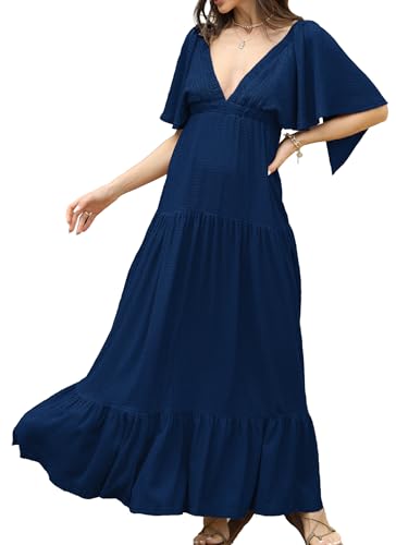 Image of Kikibell Women Summer Dresses Sexy V-Neck Maxi Dress Tiered Silhouette with Flutter Sleeve Backless Elastic Waist Flowy Dress