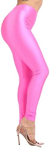 TOO HOT FASHIONS Women's Stretch Skinny Shiny Neon Active Yoga Pilates Club Party High Rise Elastic Leggings Pants Tights Neon Pink Small