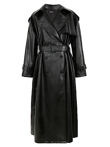 HEYDHSDC Long Oversized Black Pu Leather Trench Coat for Women