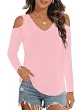Elesomo Women's T-Shirts Long Sleeve Cold Shoulder Tops Vneck Tee Shirts, Pink L