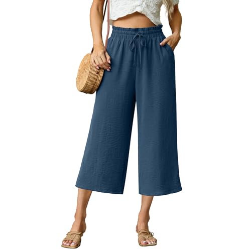FREEOAK Capri Pants for Women High Waisted Wide Leg Casual
