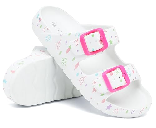 Inminpin Boys Girls Double Buckle Slide Sandals Comfort Beach Pool Shower Slippers Adjustable Indoor Outdoor Little Kid/Big Kid,White,2 Big Kid thumb #2