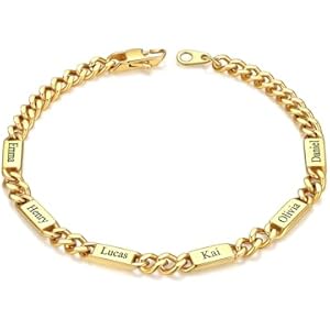 Custom4U Personalized Cuban Link Bracelet for Men, 5mm/7mm/9mm Width 1-6 Names Engraved Stainless Steel Customized Chain Silver Bracelet Jewelry Gifts for Men Women Mom Dad Husband Father b.