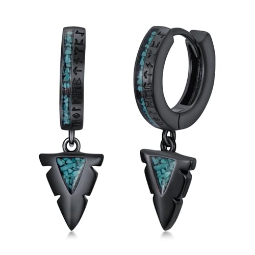 Gothic Punk Black Viking Runes/Wolf Head/Valknut Drop Dangle Earrings For Man 925 Sterling Silver Spike Dangle Drop Huggie Hoop Earrings Viking Jewelry Gifts for Women