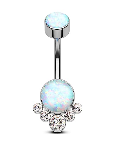 COCHARM Flat Belly Button Rings White Opal Titanium Belly Rings Threaded Belly Button Piercing Implat Grade Surgical Steel Belly Jewelry Bezel Cluster Nickel Free Navel Rings