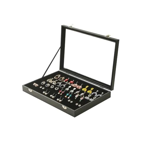 Coward Earring Organizer Tray Box, Black Velvet Earring Jewelry Display Storage Tray Case with Transparent Glass Lid for Home Drawer or Shop Selling Cover