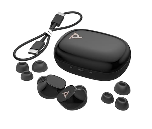 Poly Voyager Free 20 In-Ear-Headset und Ladeetui, USB-C, Noise Cancelling, KI-Geräuschunterdrückung, Sprachsteuerung, QI Wireless Charging, bis zu 12 Stunden Hördauer, Schwarz