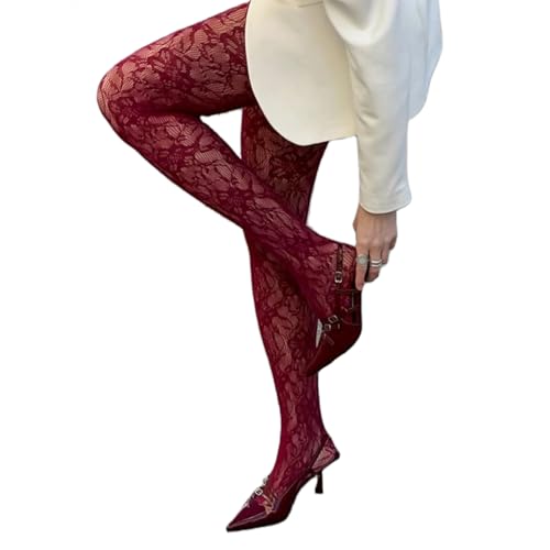 Muspeczenith Women Lace Patterned Tights Fishnet Stockings High Waist Y2k Floral Pantyhose Leggings (Lace red ONE SIZE)