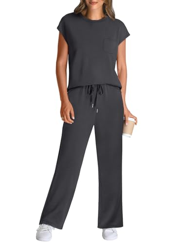 Image of WIHOLL 2 Piece Sets for Women Casual Summer Travel Vacation Outfits Cap Sleeve Lounge Set