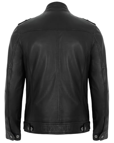 Image of Leather Jacket Men - Real Lambskin Motorcycle Jacket with Snap Tab Collar, Adjustable Waist & Zippered Pockets