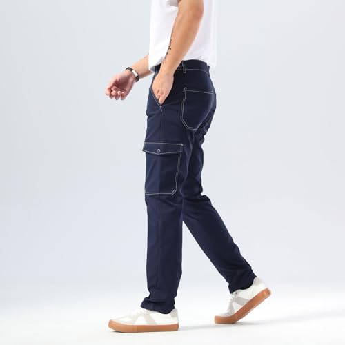 Plaid&Plain Mens Cargo Pants Slim Fit with Contrasting Topstitching and Multi-Pocket4
