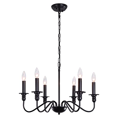 Black Chandelier, Tmmaysun 6-Light Farmhouse Candle Hanging Light Fixture, Adjustable Height Rustic Chandeliers Pendant Lights Matte Black Chandelier For Dining Room Living Room Bedroom Kitchen Island #TOP7
