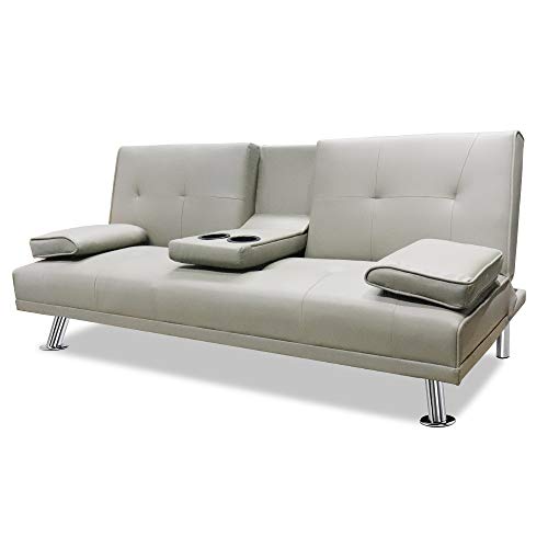 Faux Leather Futon Sofa Bed,Julyfox Sofa Sleeper Bed with Holder Armrest 500lbs Heavy