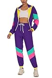 UOUA Women's Color Block 2 Piece 80s 90s Outfits Long Sleeve Windbreaker Jacket Tracksuit Set Purple XL