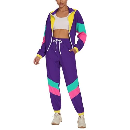UOUA Women's Color Block 2 Piece 80s 90s Outfits Long Sleeve Windbreaker Jacket Tracksuit Set Purple X-Large