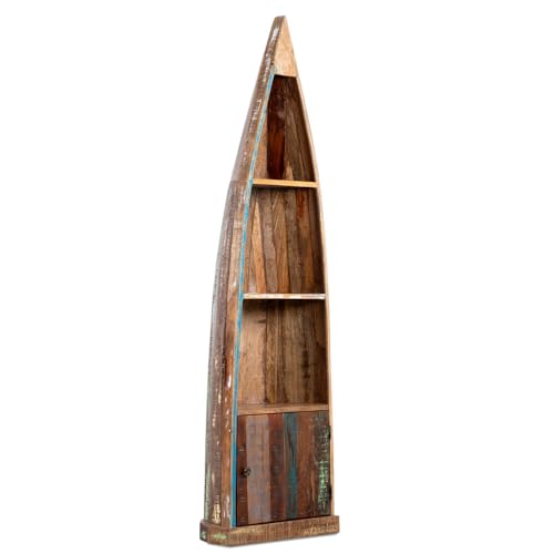 Image of Solid Wooden Book Shelf, Antique Boat Design Handcrafted Wooden Bookcase with Storage, Vintage Storage Shelf for Living Room, Office, Bedroom (Rustic-1)