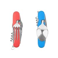 FUZVOL Folding Camping Cutlery Set Stainless Steel Portable Utensil 6 in 1 Multitool Outdoor Tableware for Travel, Hiking, Picnic (2 Pack)