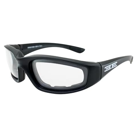 Epoch Eyewear Photochromic Motorcycle Sunglasses Glasses Foam Padded Black Frame w/Clear to Smoke Lens Cover
